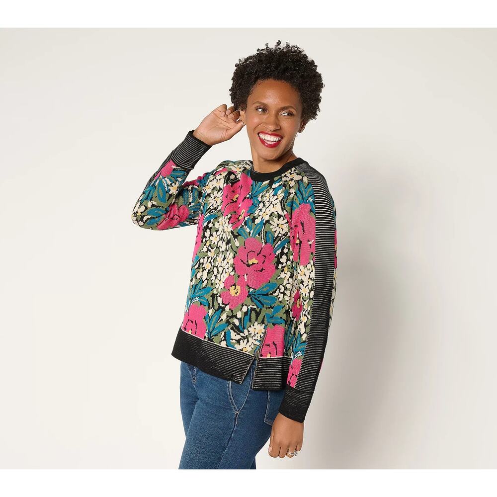 nicole by Nicole Miller Printed Jacquard Sweater Floral Bouqet Size XS Boho